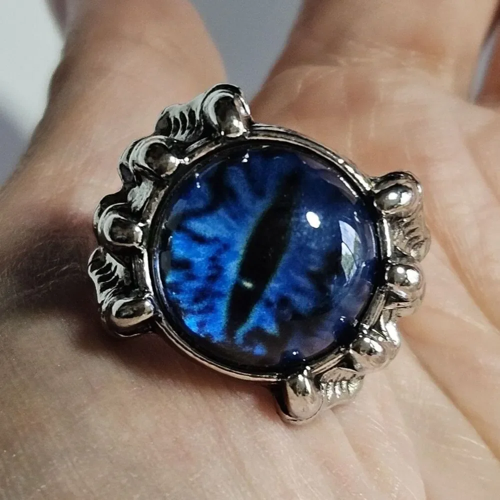 Skull Demon Blue Eye Rings - Silver Tone Ring Adjustable Fashion Jewelry